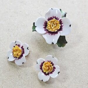 Vintage Cara China Staffordshire Porcelain Flower Brooch and Earring Set England